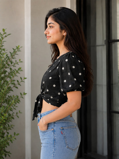 Black Polka Dot Tie-Up Crop Top