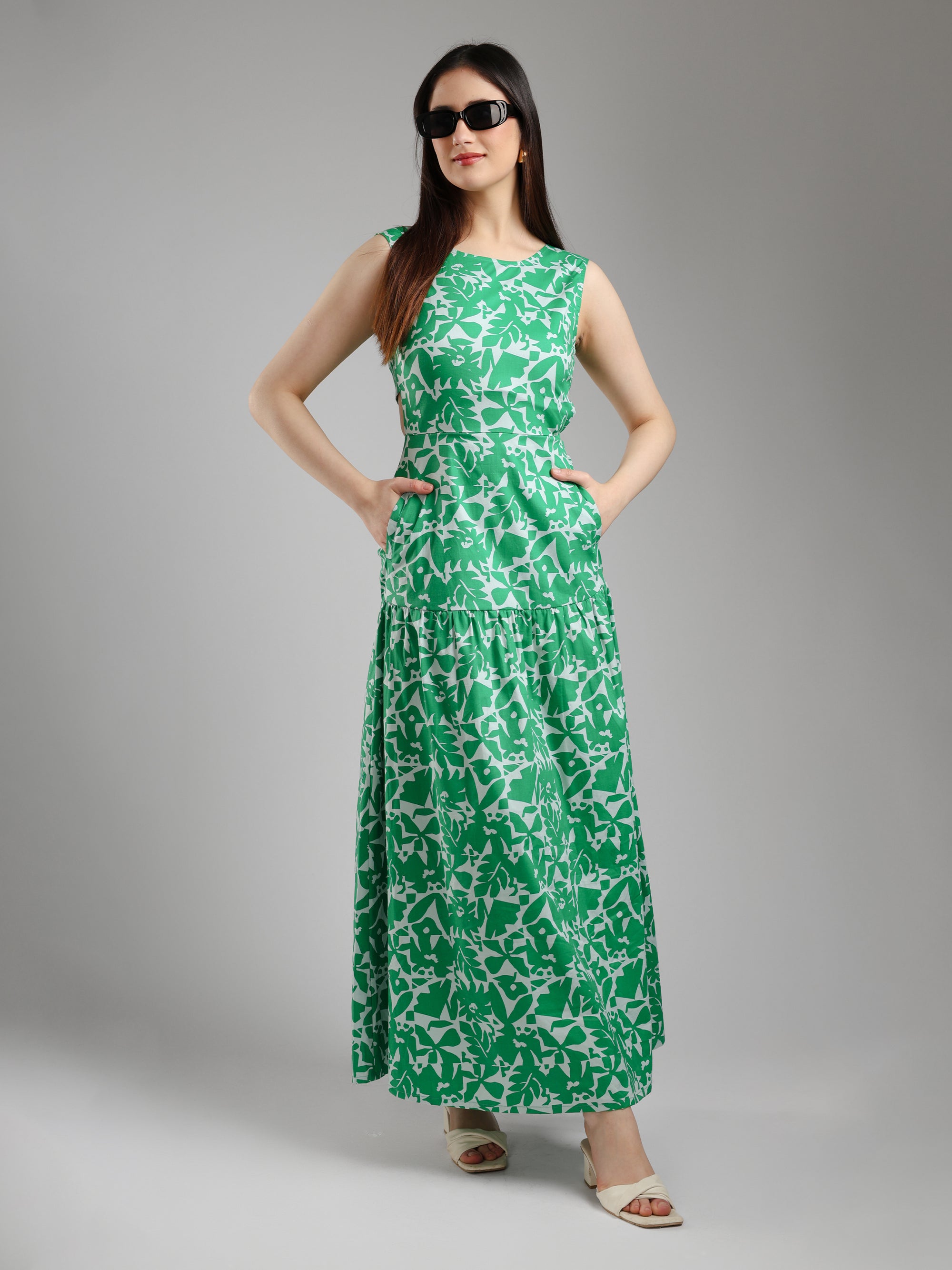 Green Floral Printed Dress for Women and Girl