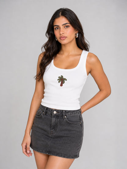 Palm Tree Embellished Rib Scoop Neck Tank Top