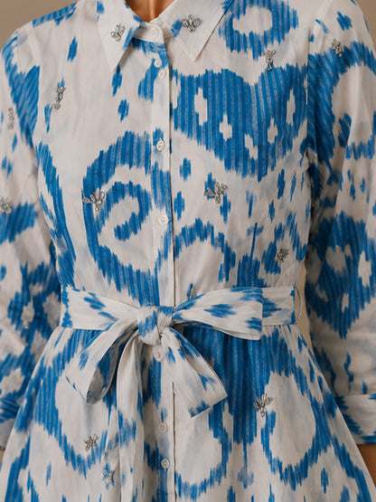 White & Blue Abstract Printed Shirt Mini Dress for Women