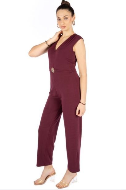 Women Maroon Solid Party Wear Sleeveless Regular Fit Jumpsuit