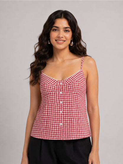 Red Gingham Button-Front Cami Top for Women