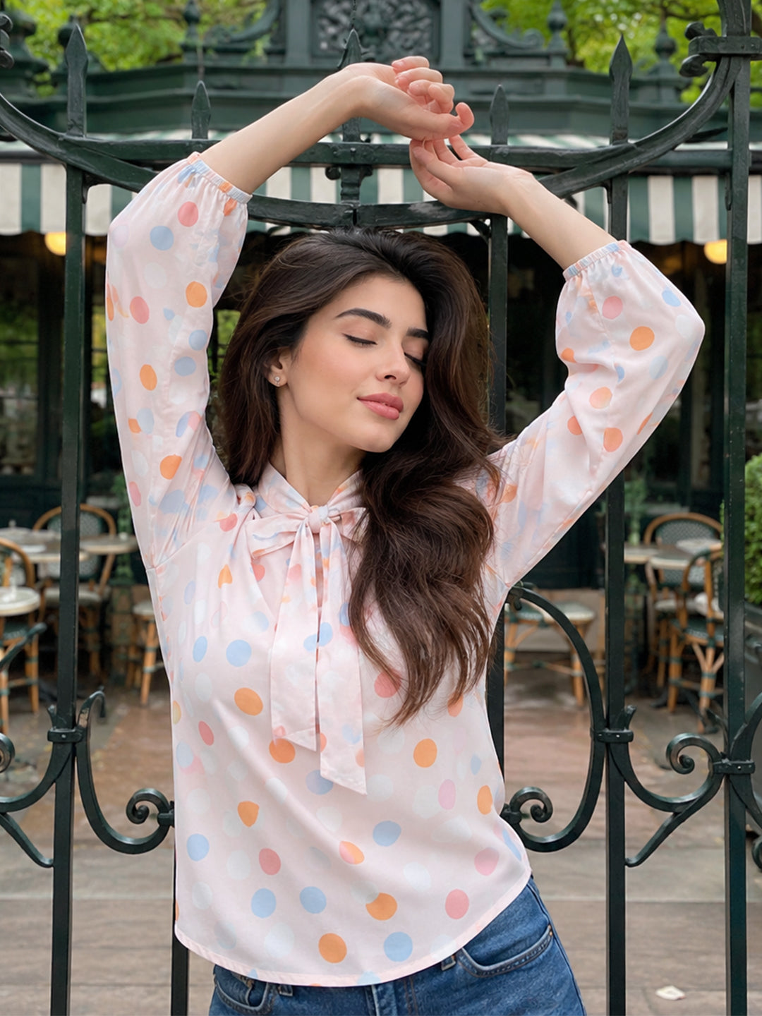 Pastel Polka Dot Tie-Neck For Womens