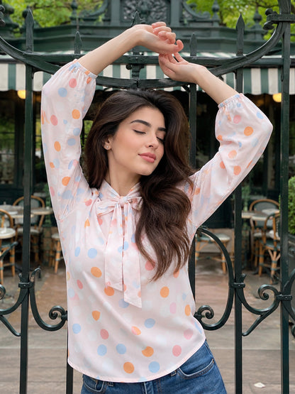 Pastel Polka Dot Tie-Neck For Womens