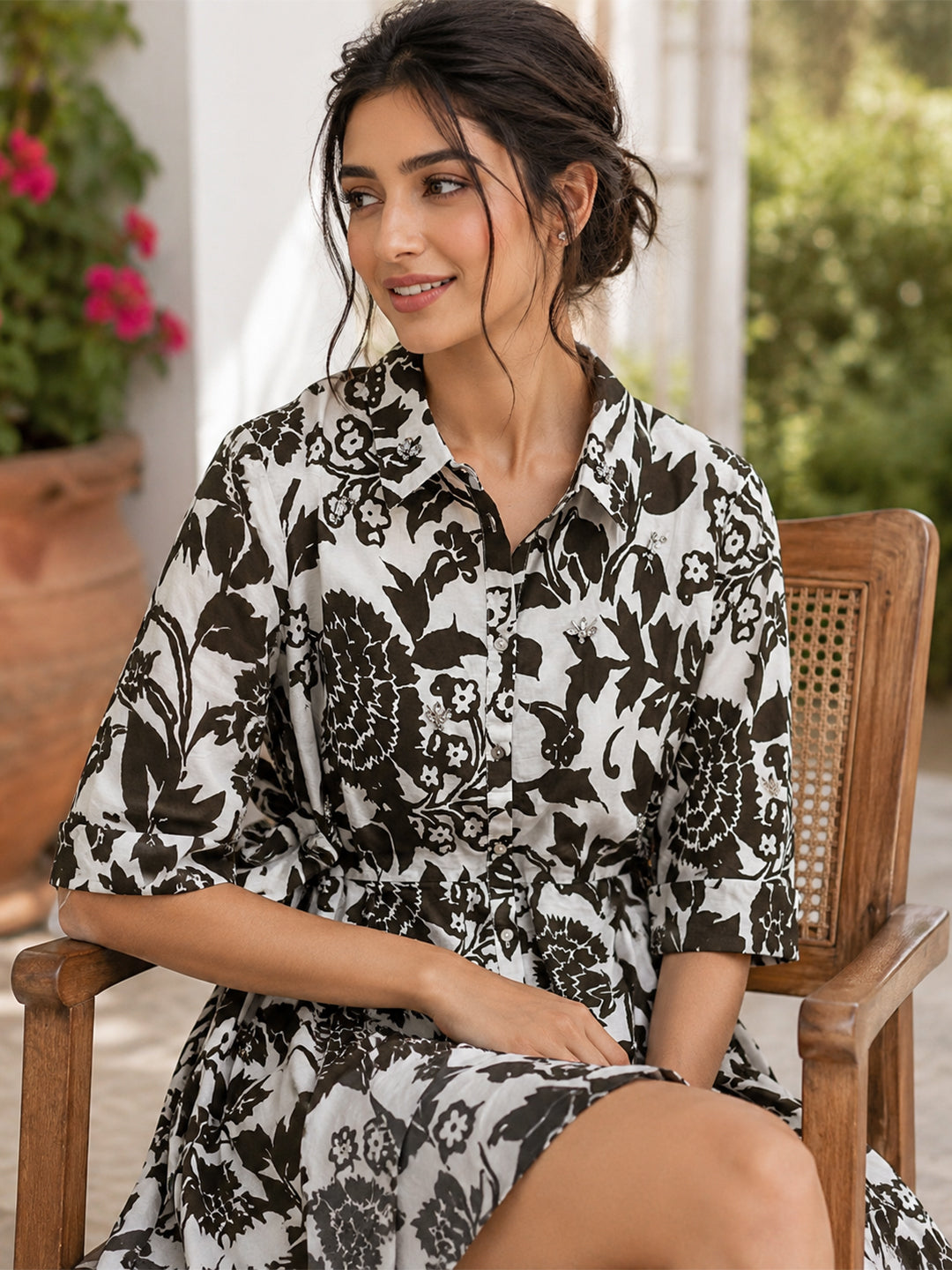 Olive Green Floral Print Cotton Mini Dress