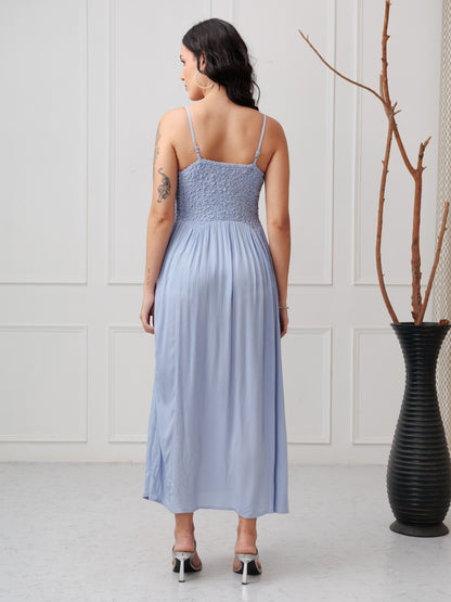 smocked shoulder strap maxi dress