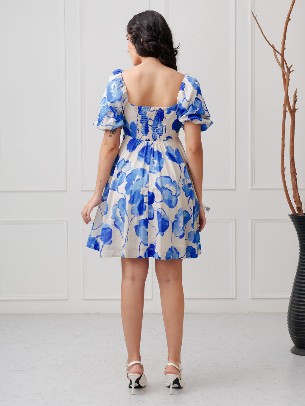 AZURE BLOOM PUFF SLEEVE DRESS