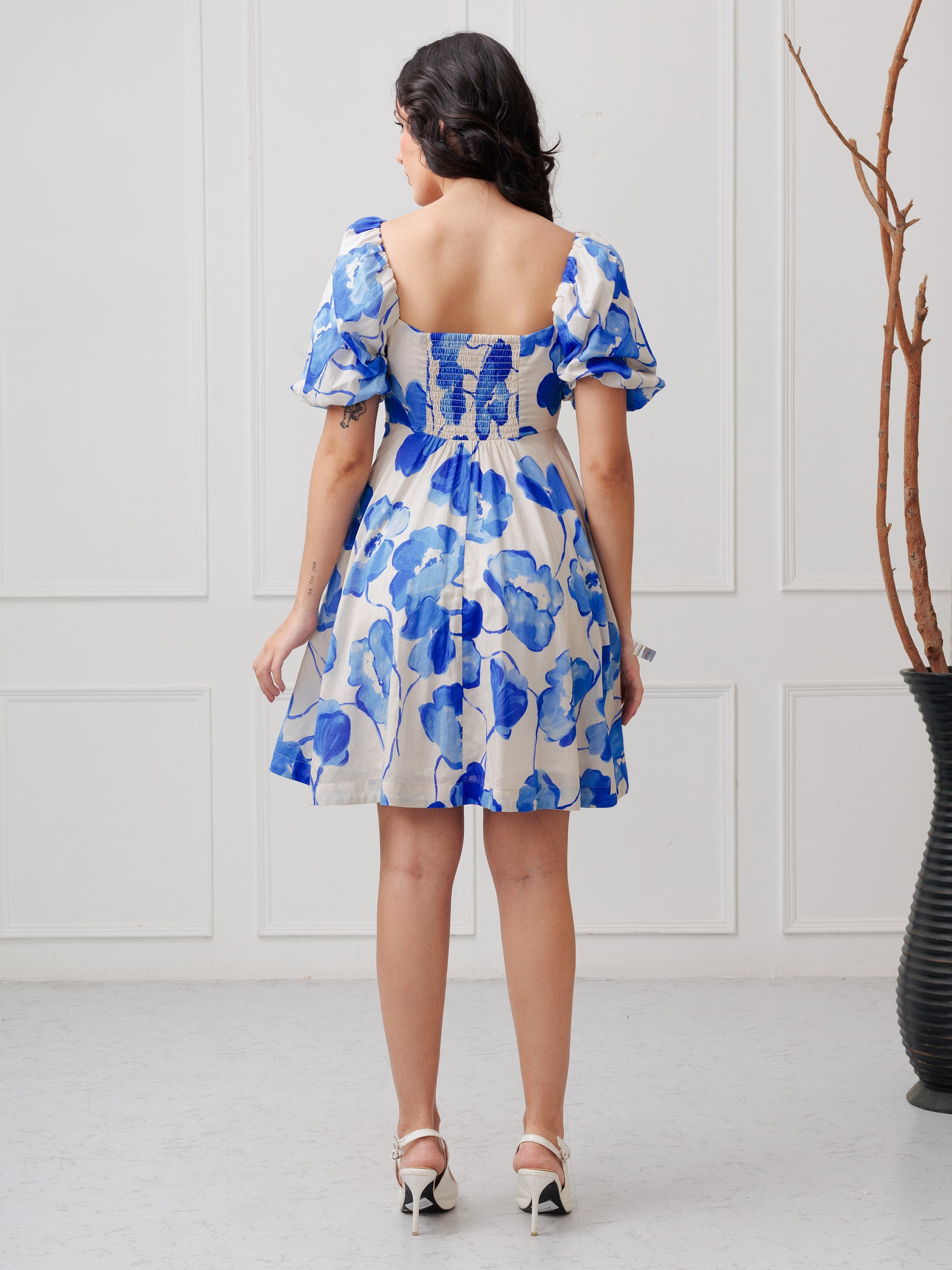 AZURE BLOOM PUFF SLEEVE DRESS