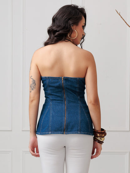 Women’s Dark Wash Strapless Denim Peplum Corset Top