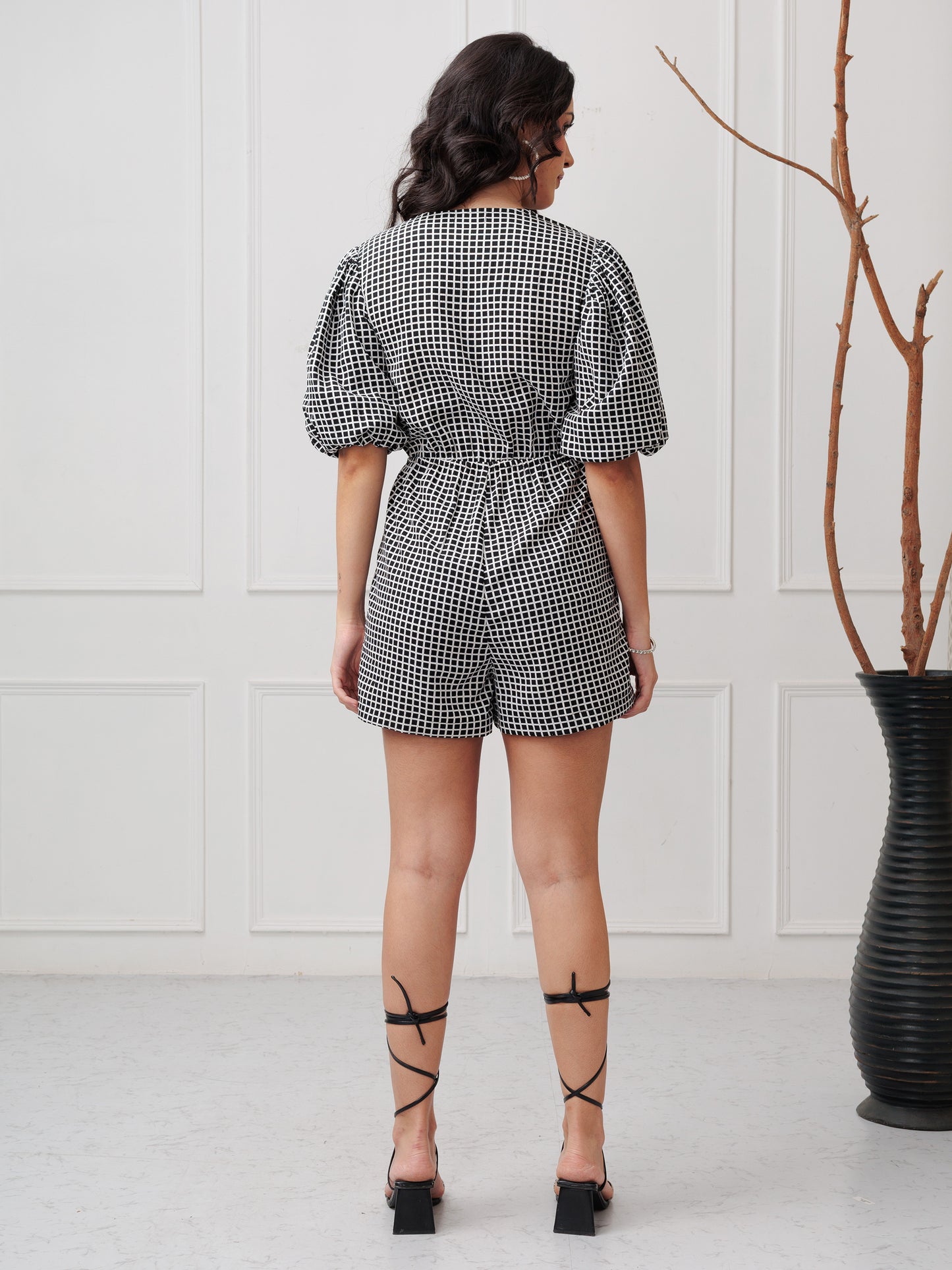 NOIR GRID PUFF SLEEVE PLAY-SUIT