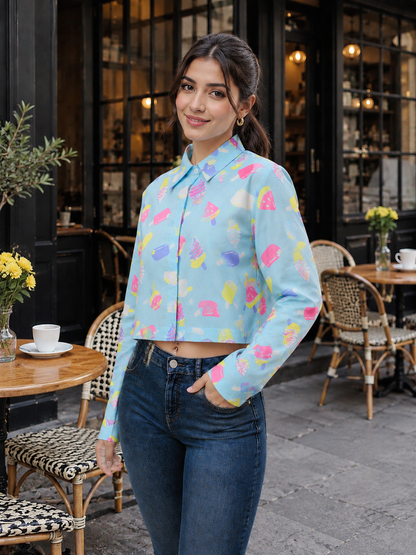 Sky Blue Ice Cream Print Crop Shirt