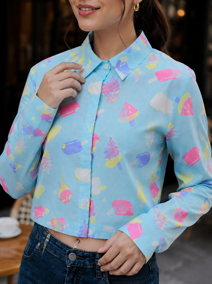 Sky Blue Ice Cream Print Crop Shirt