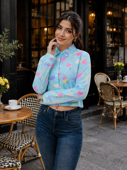 Sky Blue Ice Cream Print Crop Shirt