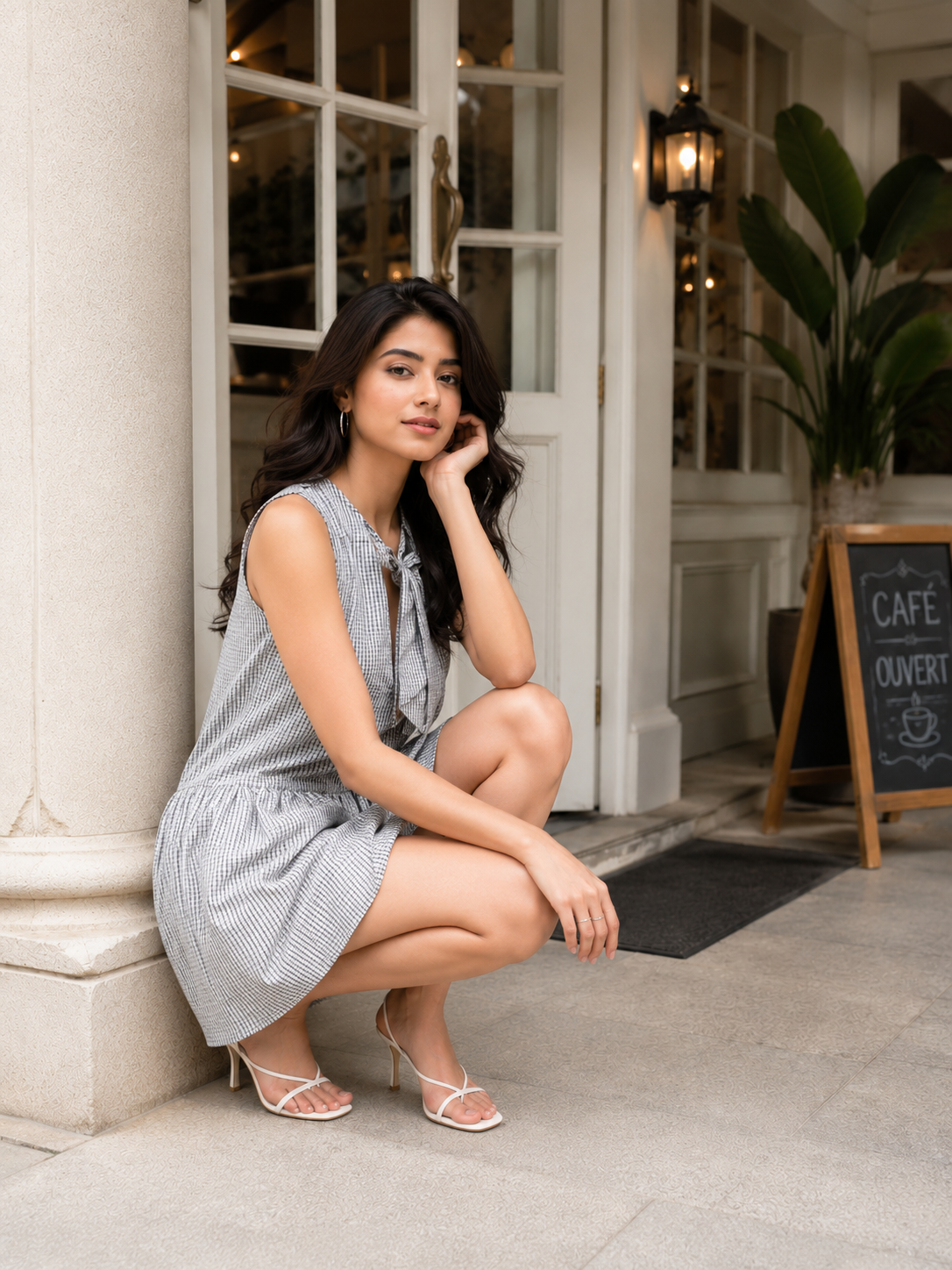 Grey Gingham Sleeveless Tie-Back Jumpsuit For Women