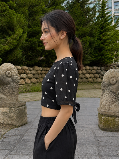 Black Polka Dot Tie-Up Crop Top