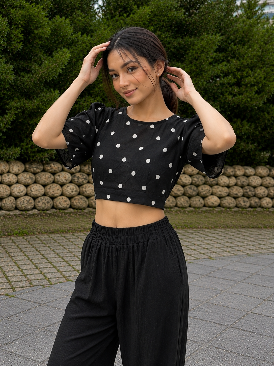 Black Polka Dot Tie-Up Crop Top