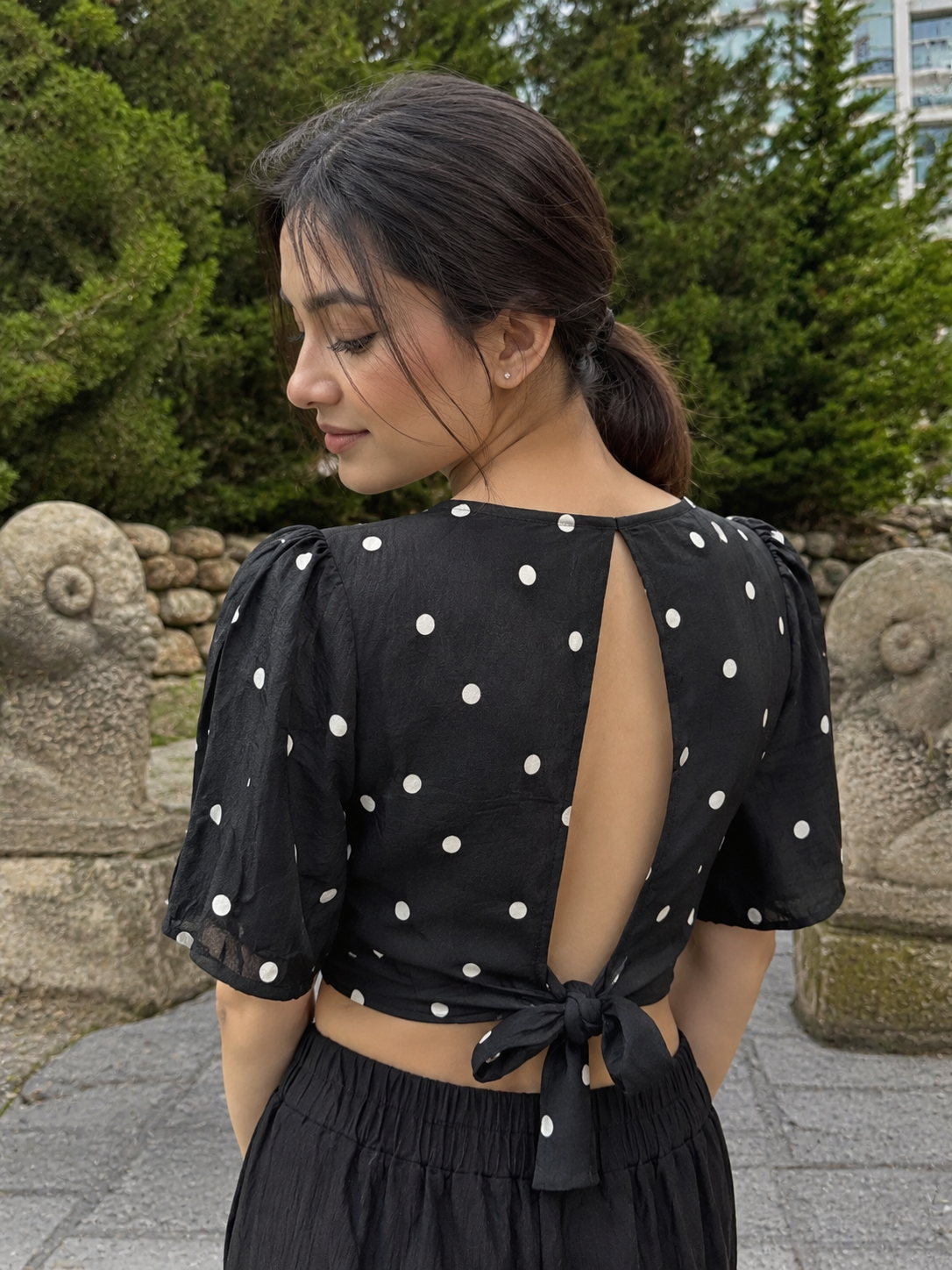 Black Polka Dot Tie-Up Crop Top