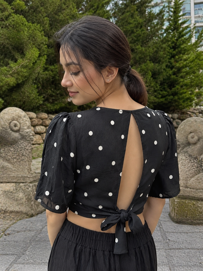 Black Polka Dot Tie-Up Crop Top