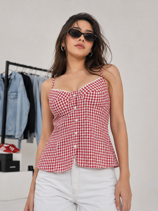 Red Gingham Button-Front Cami Top for Women