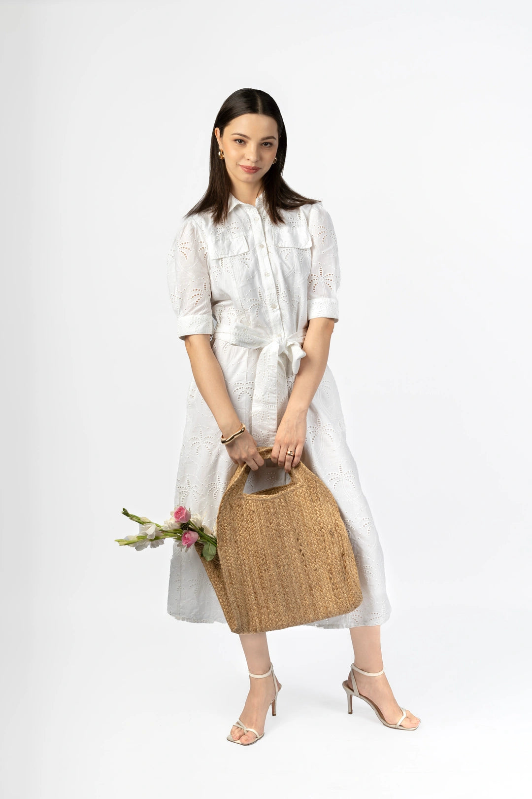 White Cotton Schiffly Midi Fit & Flare Dress – Cory Edge