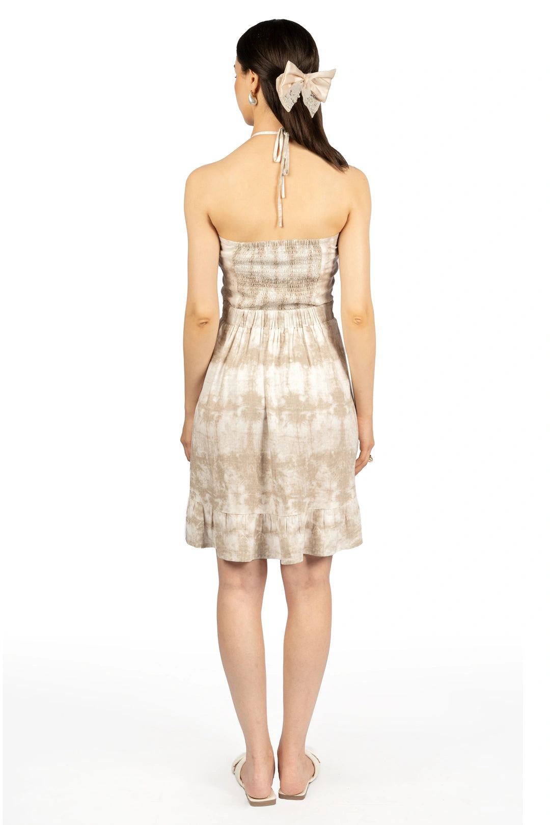 Off White & Brown Tie & Dye Fit & Flare Halter Dress