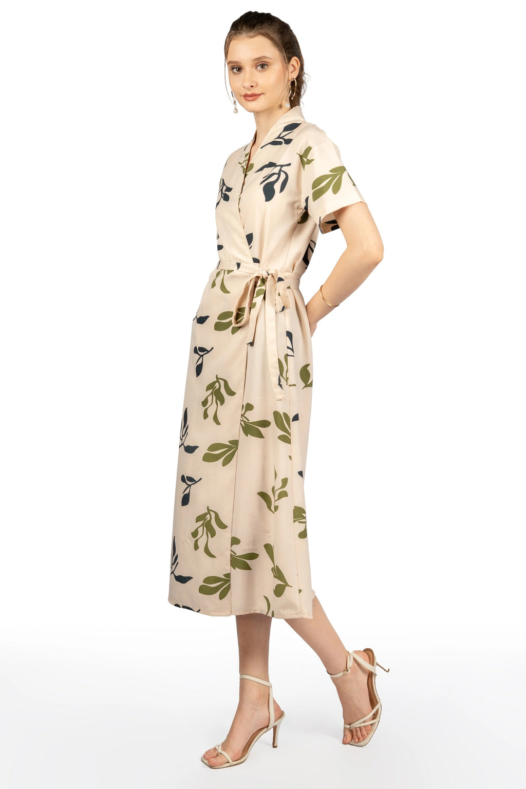 Beige Tropical Print Midi Dress
