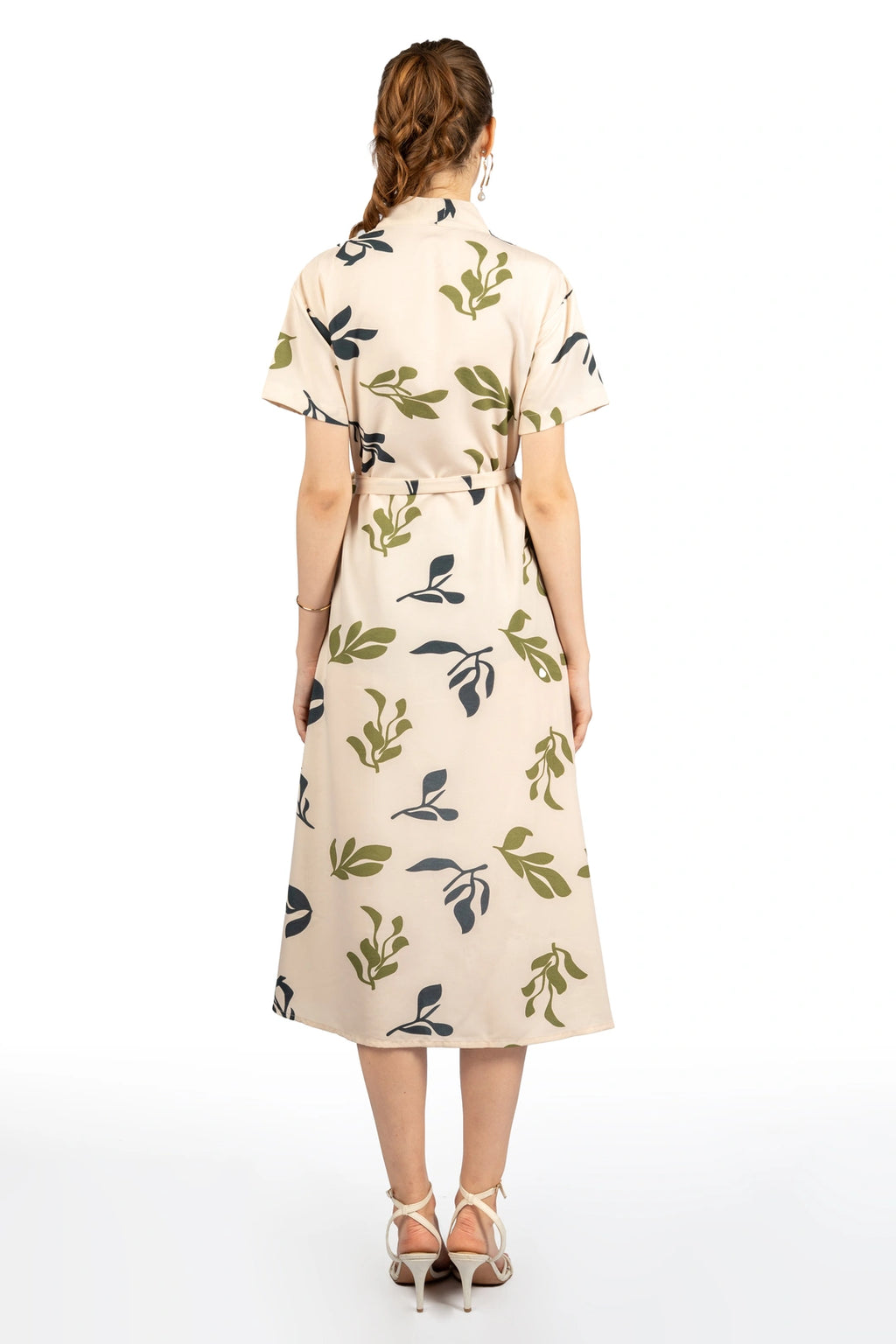 Beige Tropical Print Midi Dress