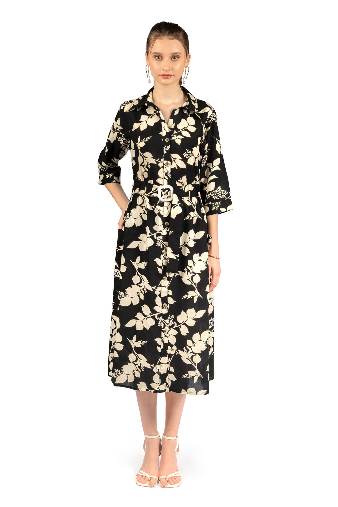 Black & Beige Floral Midi Dress