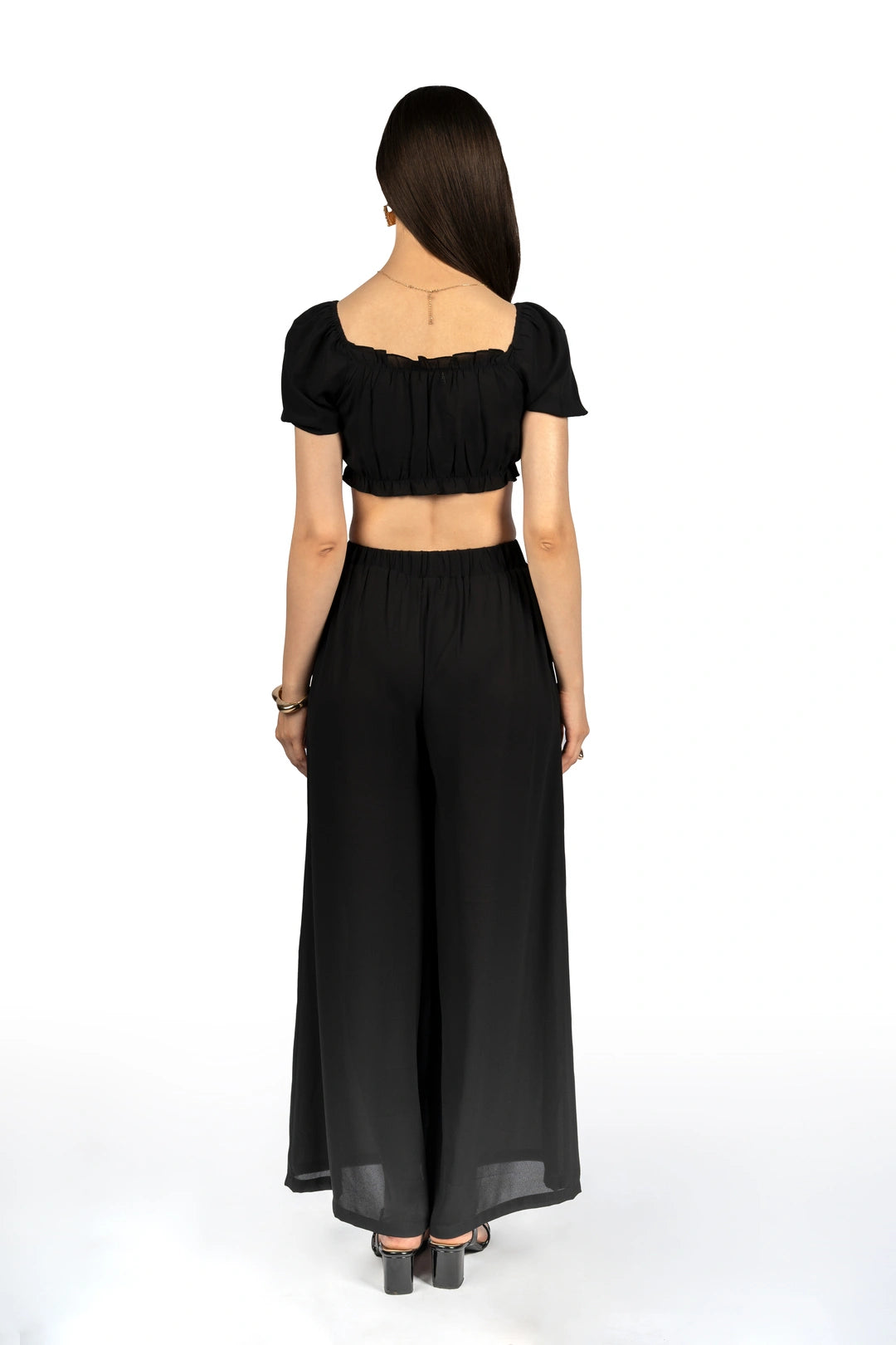 Black Solid Co-ord Set with Puff Sleeves