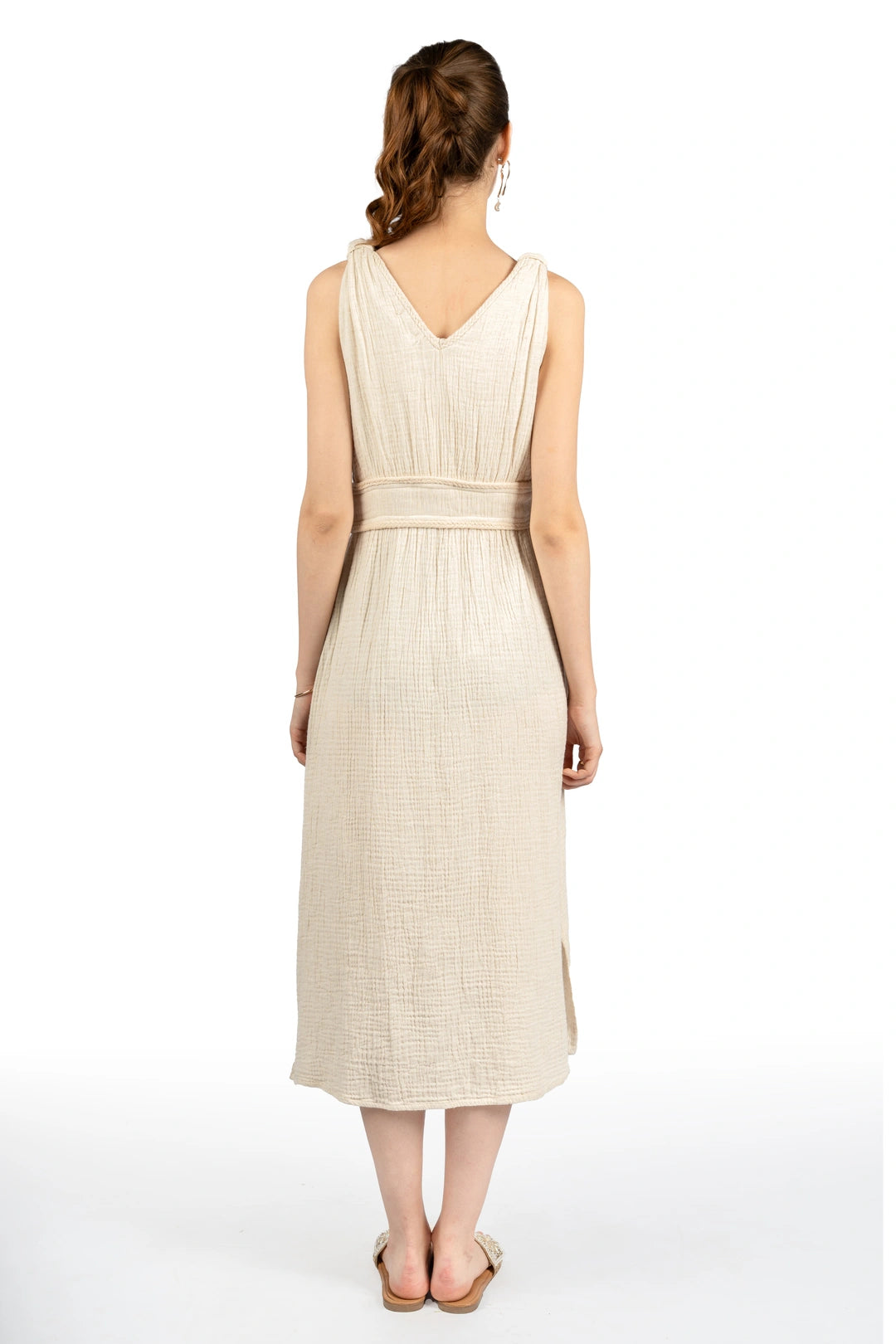 Beige Cotton Fit & Flare Midi Dress
