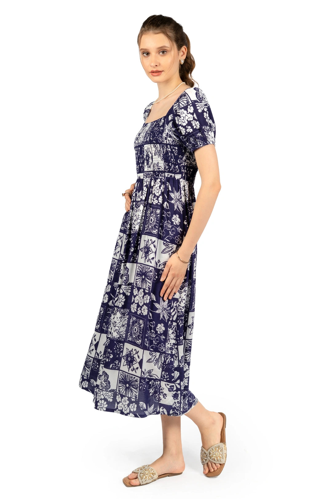 Blue & White Floral Rayon Fit & Flare Midi Dress Cory Edge Blue & White Floral Rayon Fit & Flare Midi Dress Cory Edge