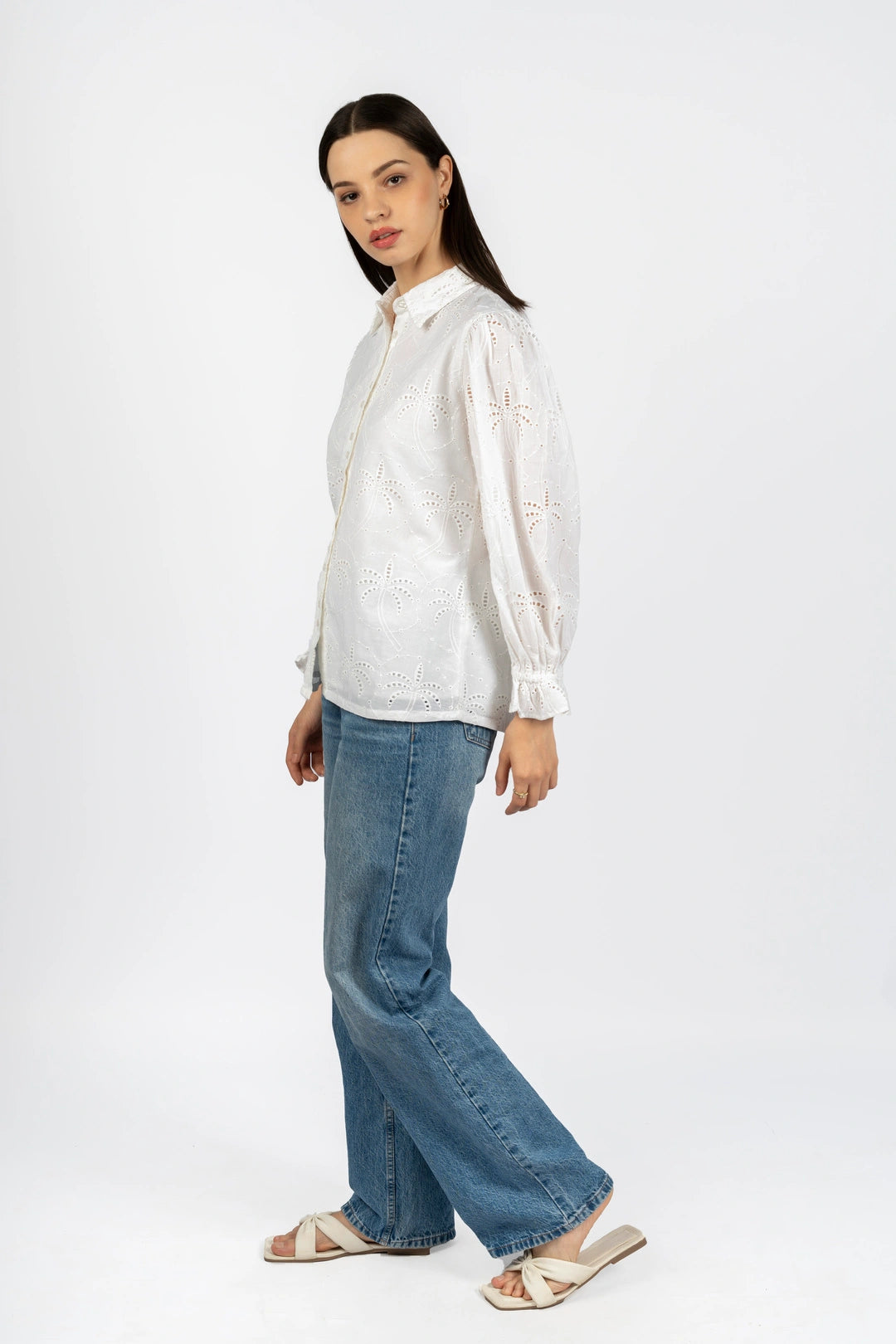 Cotton Schiffly Solid White Collared Top