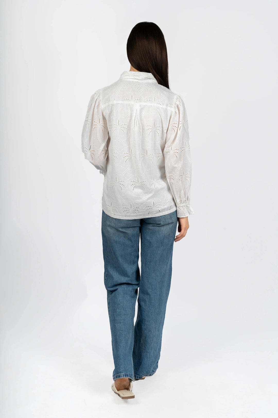 Cotton Schiffly Solid White Collared Top