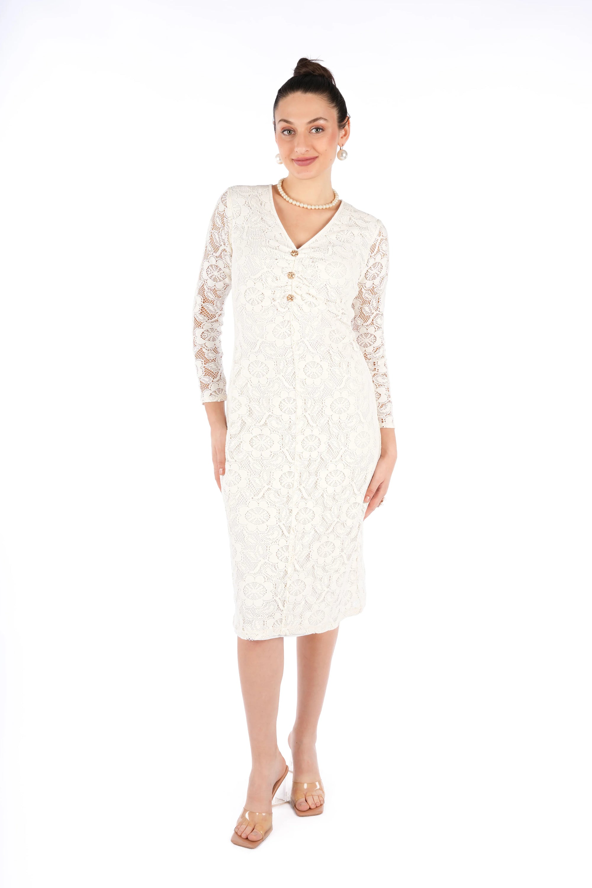 Leyna Off White Floral Cotton Nylon Fitted V-Neck Full Sleeve Top
