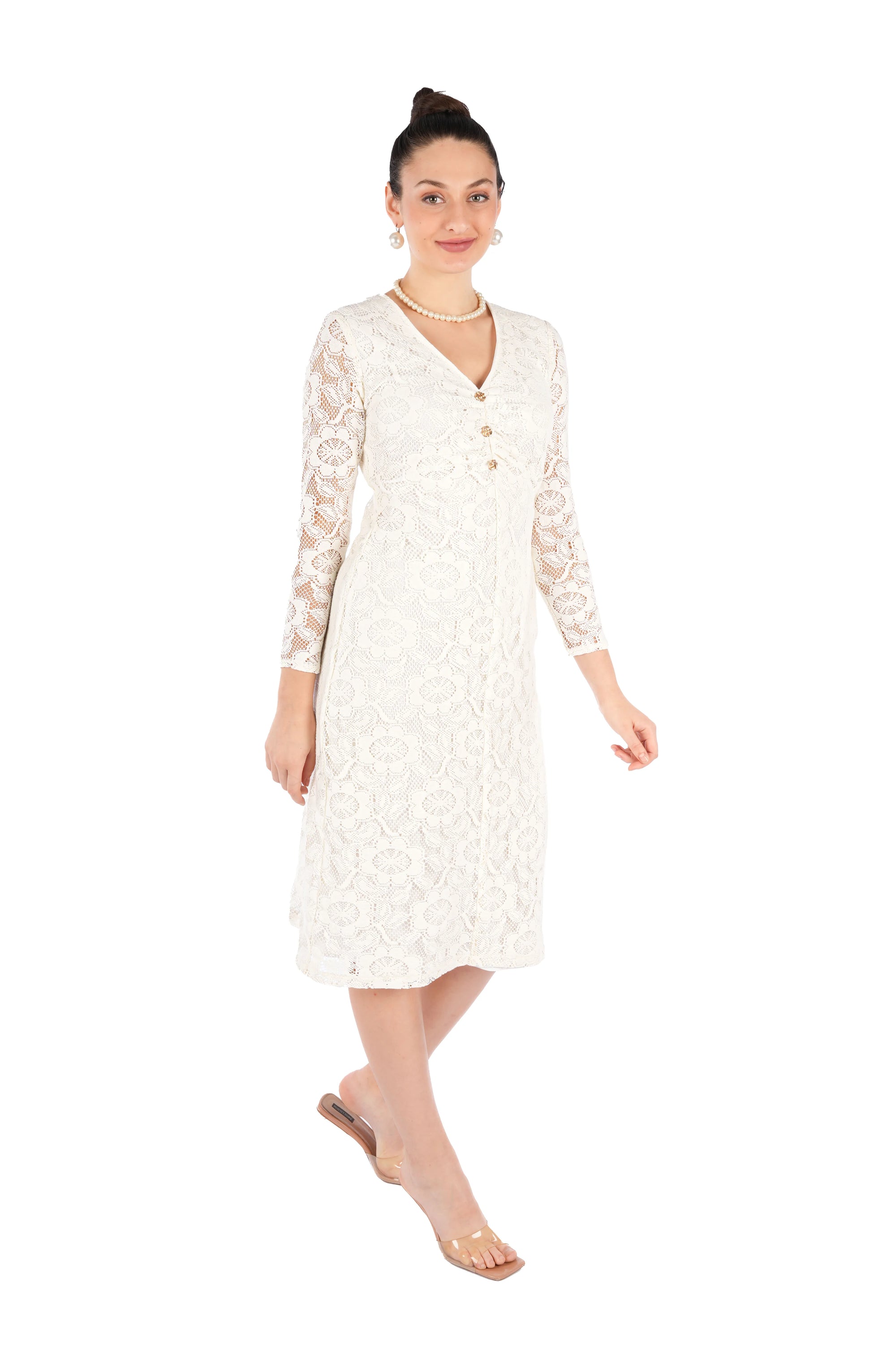 Leyna Off White Floral Cotton Nylon Fitted V-Neck Full Sleeve Top
