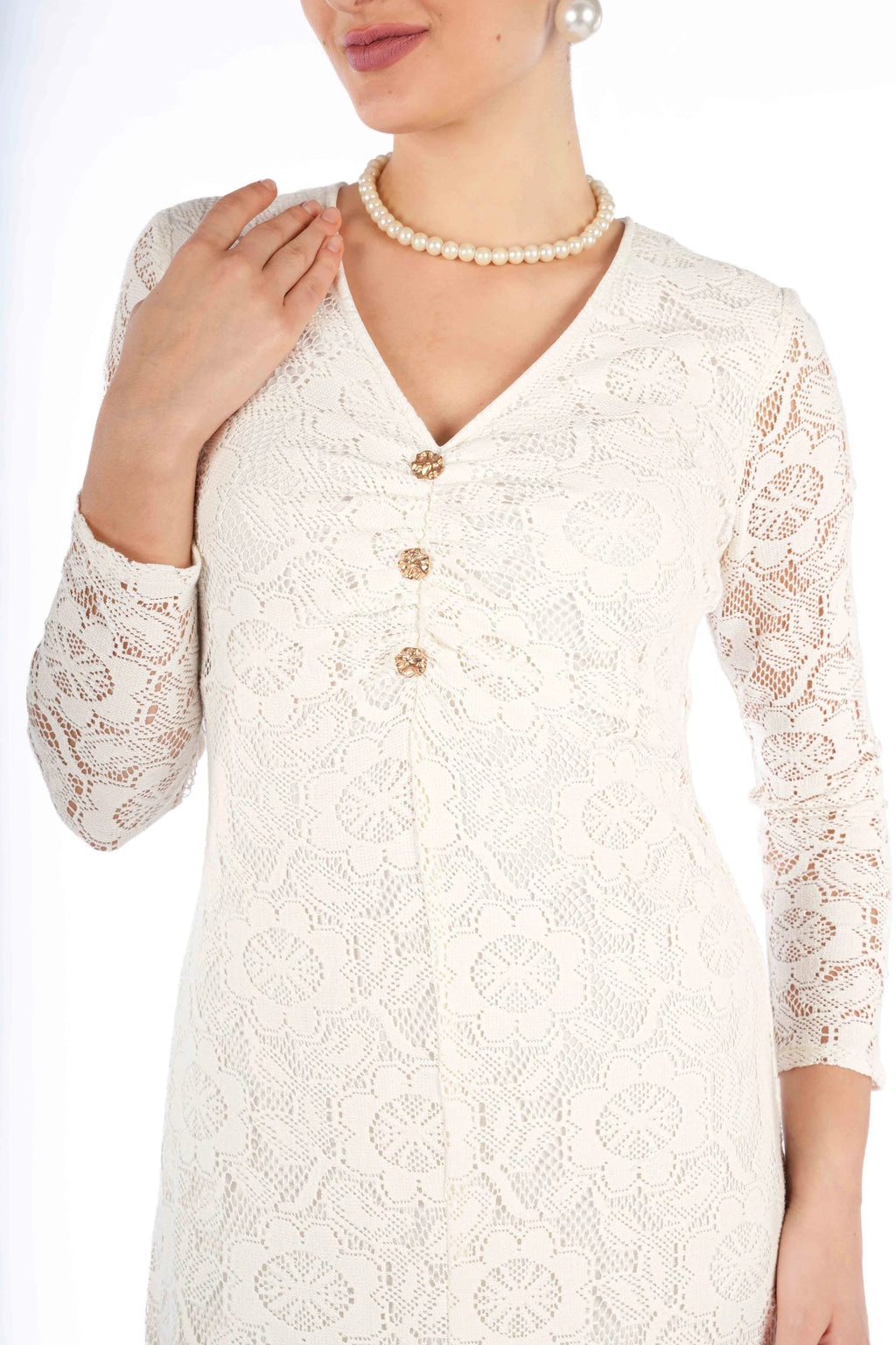 Leyna Off White Floral Cotton Nylon Fitted V-Neck Full Sleeve Top