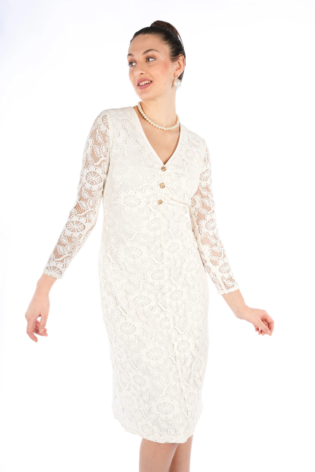 Leyna Off White Floral Cotton Nylon Fitted V-Neck Full Sleeve Top