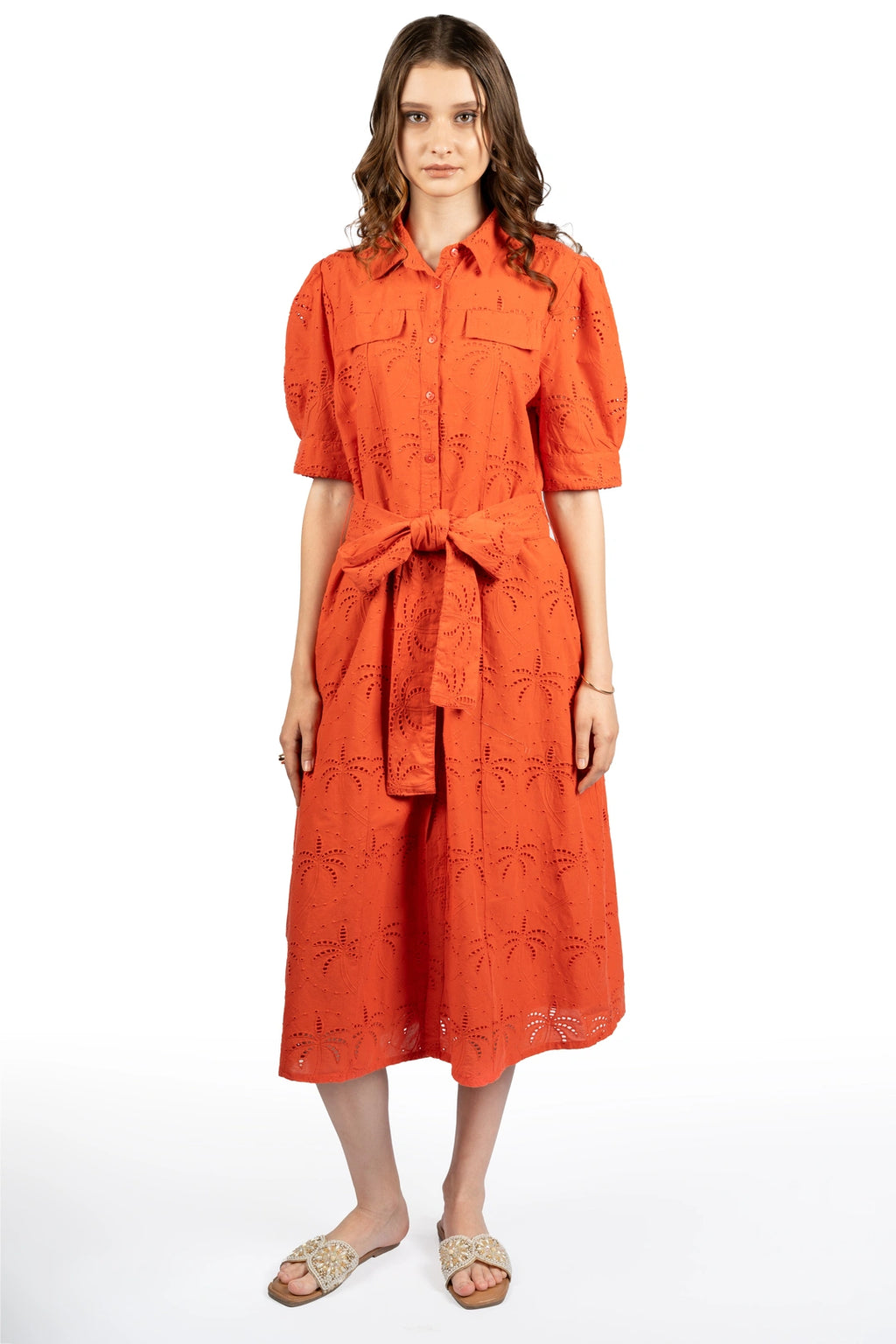 Red Solid Cotton Schiffli Puff Sleeve Midi Dress