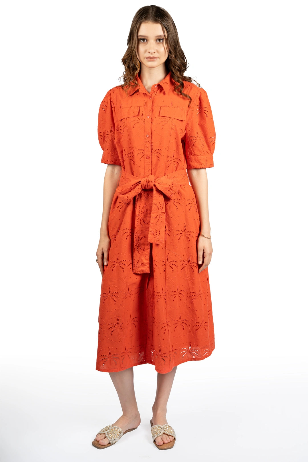 Red Solid Cotton Schiffli Puff Sleeve Midi Dress