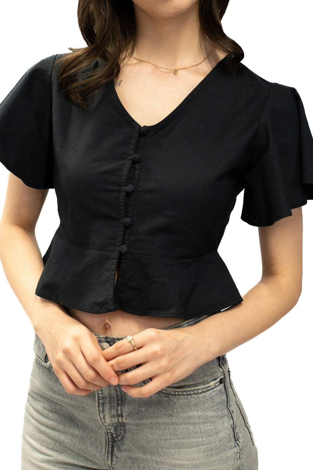 Black Cotton Linen Fitted Crop Top