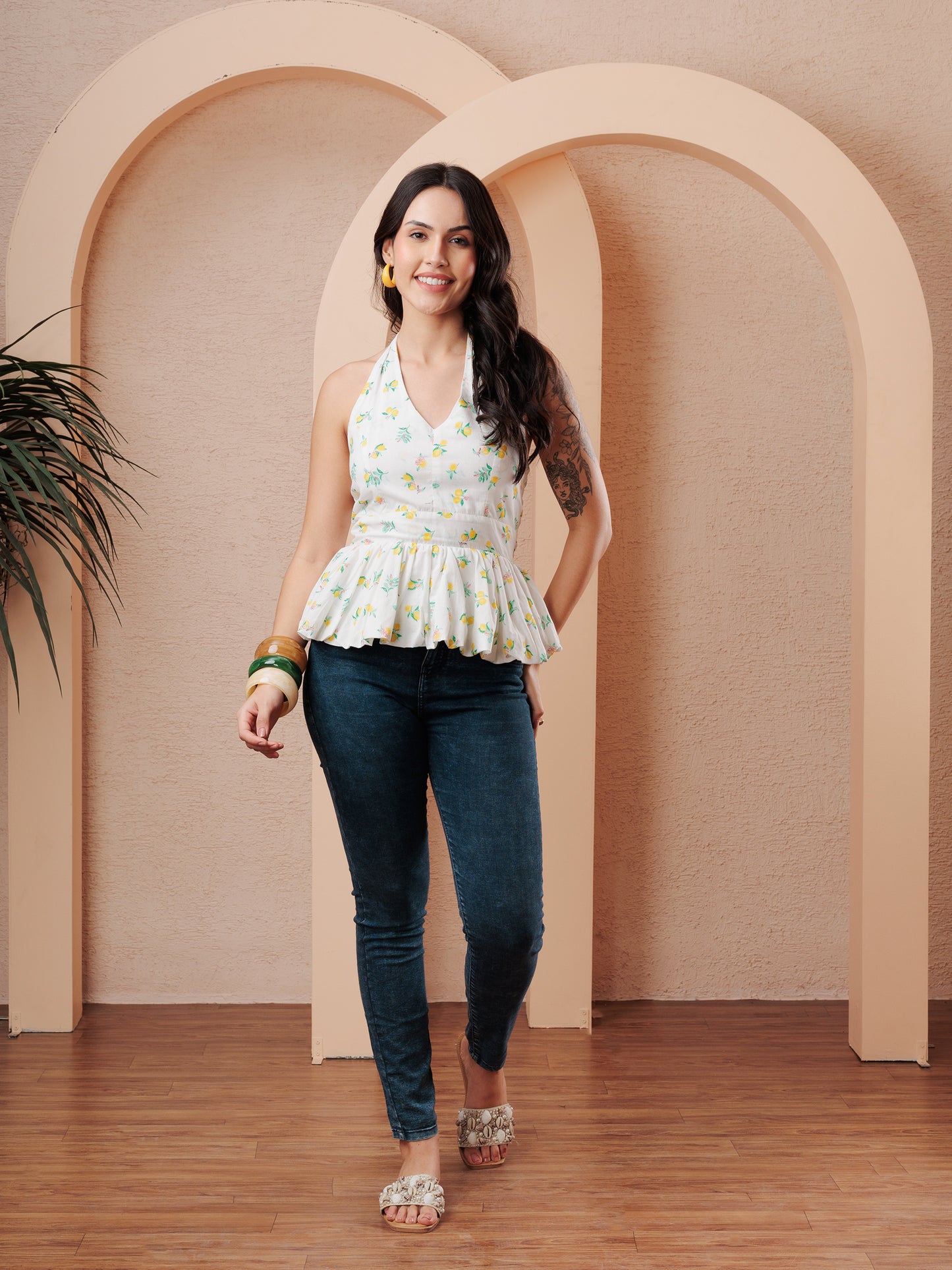 SUMMER LEMON PRINT HALTER NECK TOP