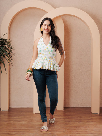 SUMMER LEMON PRINT HALTER NECK TOP