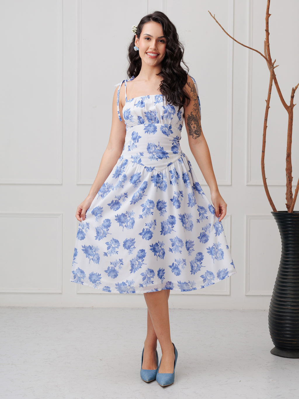 White Floral Printe Tie-Up Dress