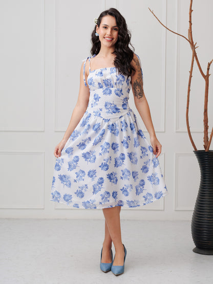 White Floral Printe Tie-Up Dress