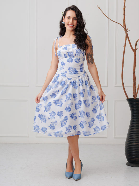 White Floral Printe Tie-Up Dress