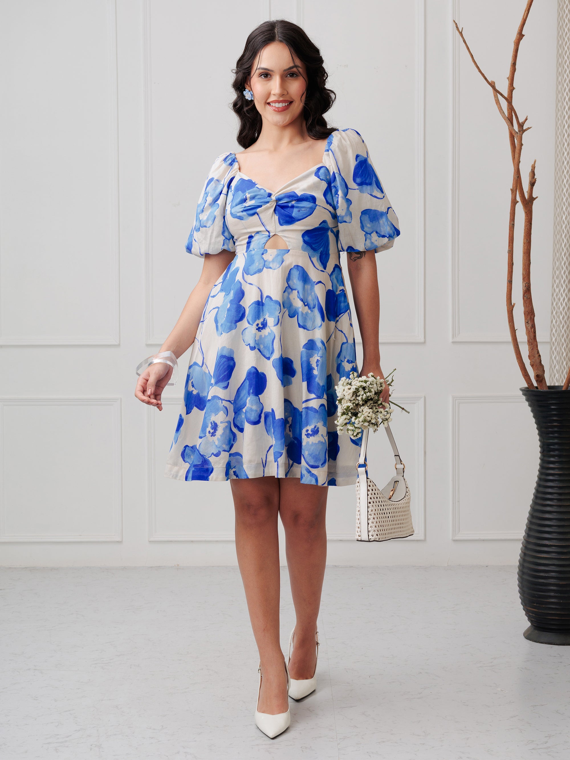 AZURE BLOOM PUFF SLEEVE DRESS