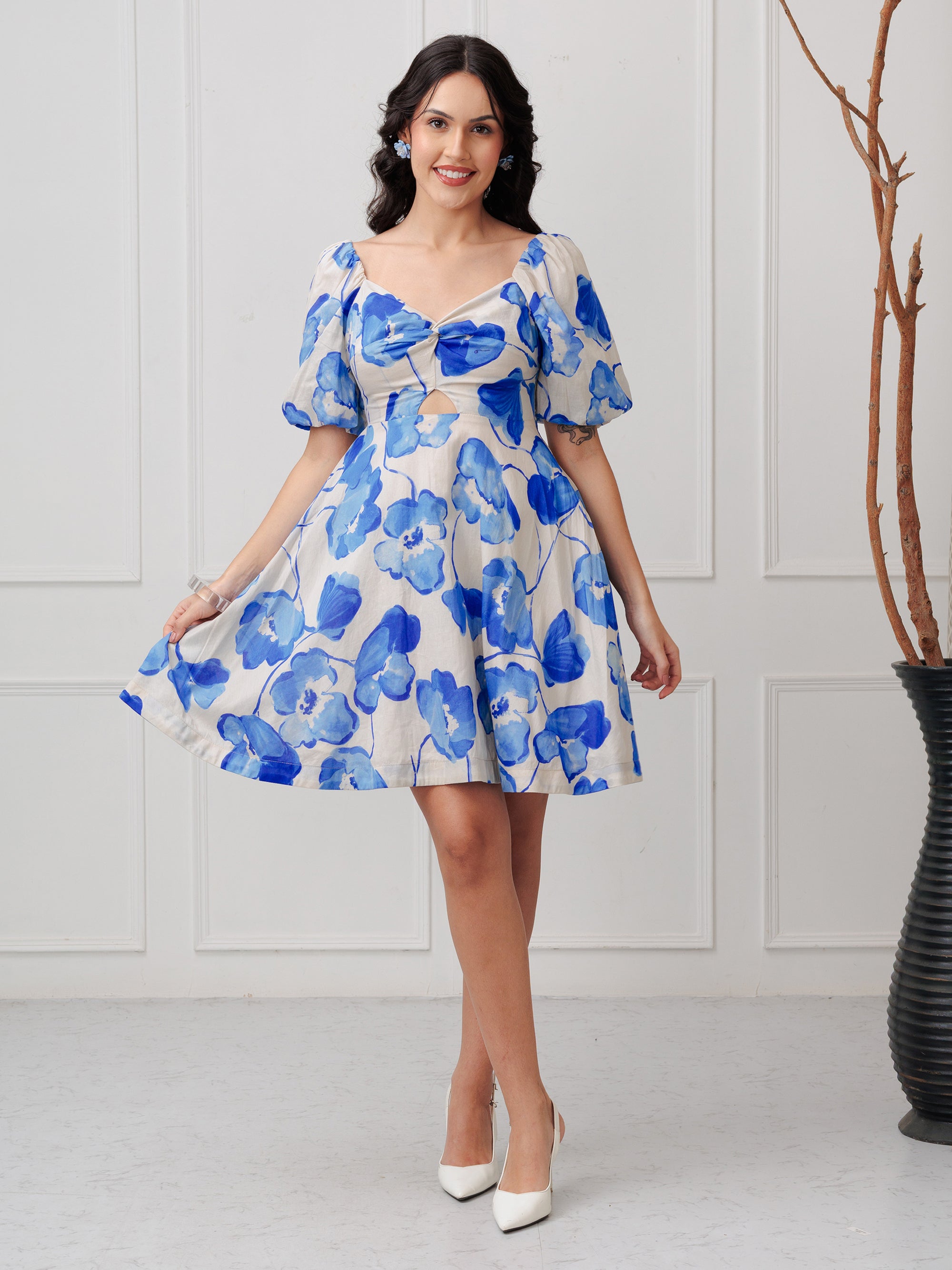 AZURE BLOOM PUFF SLEEVE DRESS