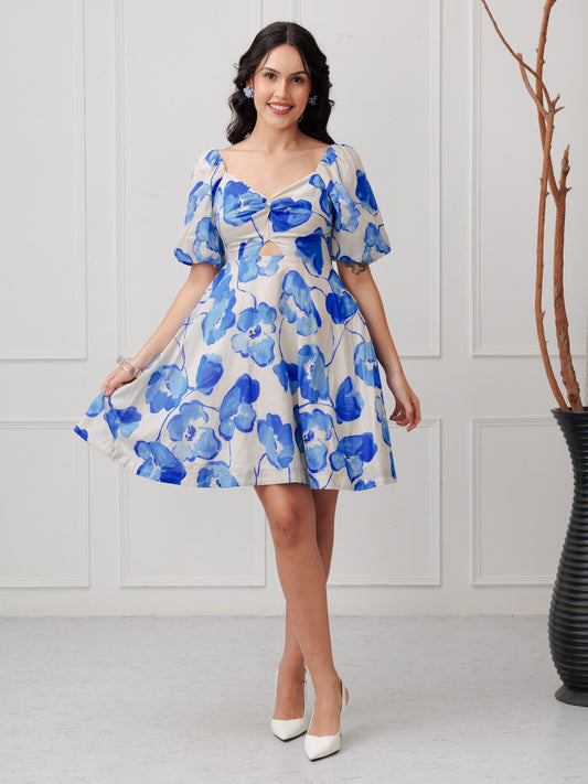 AZURE BLOOM PUFF SLEEVE DRESS