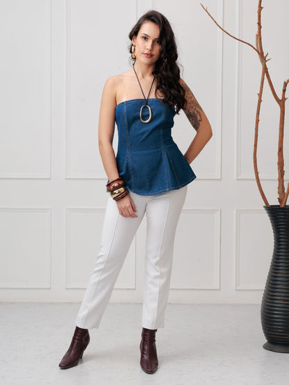 Women’s Dark Wash Strapless Denim Peplum Corset Top