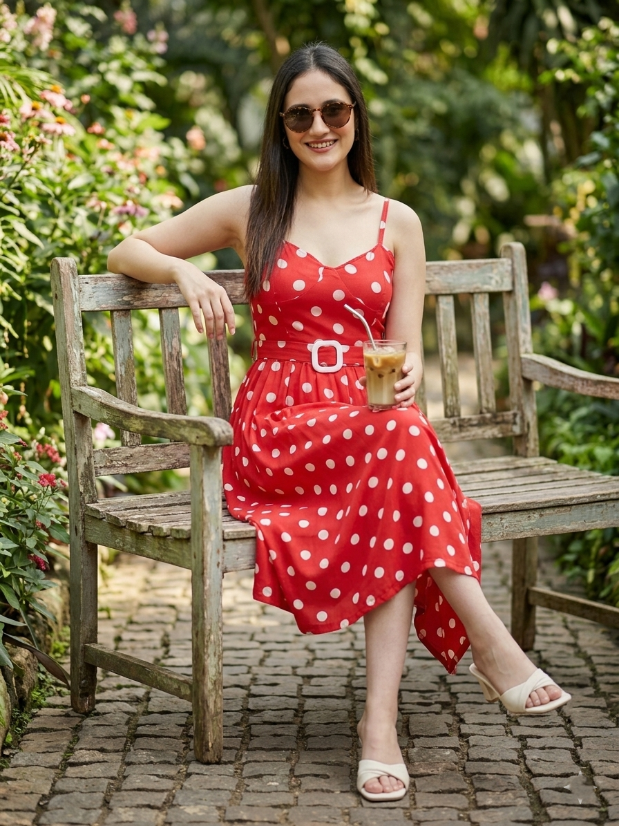 Cory edge girl sitting on chair with Red Polka Dot Midi Dress for Women